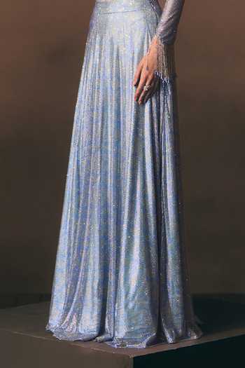 Shop Angad Singh Silver Net One Shoulder Halcyon Embroidered Soft Blouse And Skirt Set Online at Aza Fashions Shop_Angad Singh_Silver Net One Shoulder Halcyon Embroidered Soft Blouse And Skirt Set _Online_at_Aza_Fashions