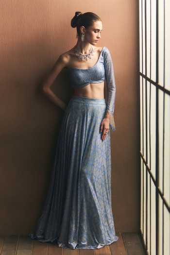 Angad Singh Silver Net One Shoulder Halcyon Embroidered Soft Blouse And Skirt Set at Aza Fashions Angad Singh_Silver Net One Shoulder Halcyon Embroidered Soft Blouse And Skirt Set _at_Aza_Fashions