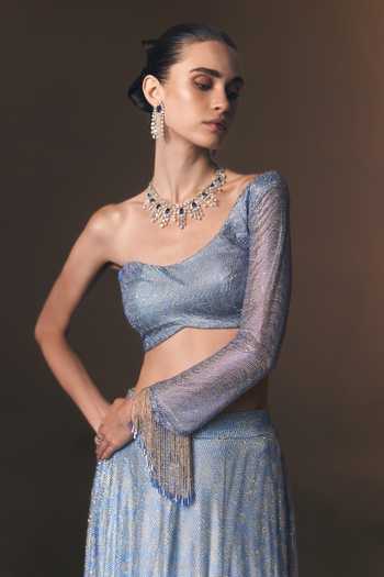 Buy Angad Singh Silver Net One Shoulder Halcyon Embroidered Soft Blouse And Skirt Set Buy_Angad Singh_Silver Net One Shoulder Halcyon Embroidered Soft Blouse And Skirt Set