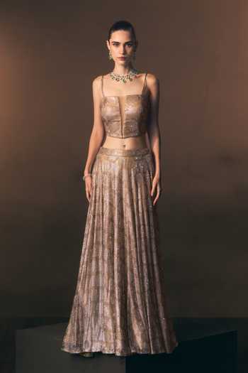 ANGAD SINGH_Gold Net Square Neck Aureate Soft Skirt And Blouse Set _Online_at_Aza_Fashions