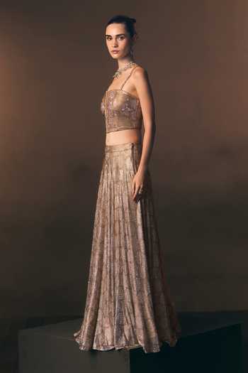 Buy_ANGAD SINGH_Gold Net Square Neck Aureate Soft Skirt And Blouse Set _Online_at_Aza_Fashions