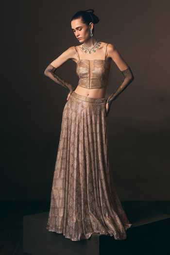 Shop_ANGAD SINGH_Gold Net Square Neck Aureate Soft Skirt And Blouse Set _Online_at_Aza_Fashions