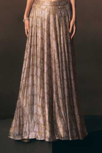 Shop_ANGAD SINGH_Gold Net Square Neck Aureate Soft Skirt And Blouse Set 