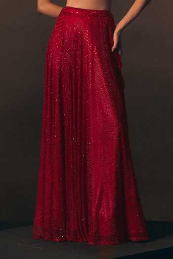 ANGAD SINGH_Red Net Sweetheart Neck Vermeil Soft Top And Skirt Set _Online_at_Aza_Fashions