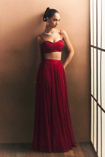 Buy_ANGAD SINGH_Red Net Sweetheart Neck Vermeil Soft Top And Skirt Set _Online_at_Aza_Fashions