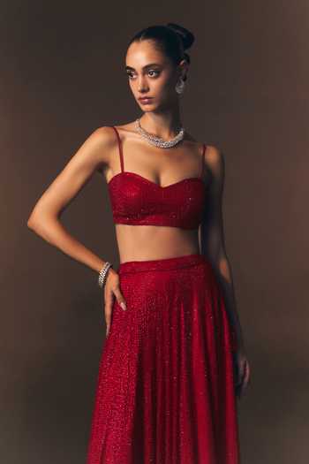 Shop_ANGAD SINGH_Red Net Sweetheart Neck Vermeil Soft Top And Skirt Set _Online_at_Aza_Fashions