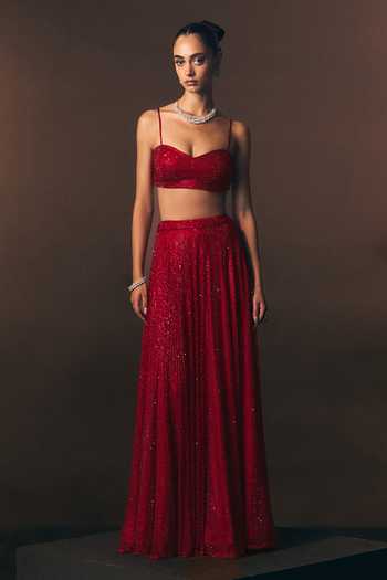 ANGAD SINGH_Red Net Sweetheart Neck Vermeil Soft Top And Skirt Set _at_Aza_Fashions