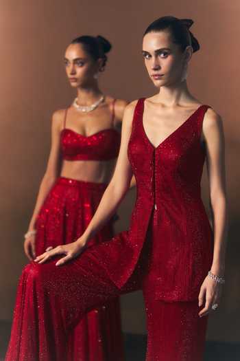 Buy_ANGAD SINGH_Red Net Sweetheart Neck Vermeil Soft Top And Skirt Set 