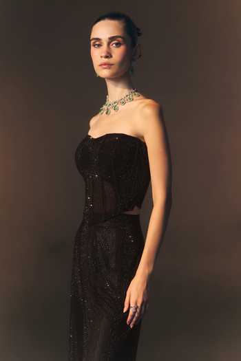 ANGAD SINGH_Black Net Sweetheart Neck Onyx Sequined Soft Top And Sharara Set _at_Aza_Fashions