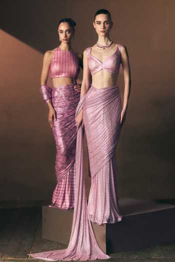 ANGAD SINGH_Pink Net Halter Neck Coral Soft Saree And Blouse _Online_at_Aza_Fashions
