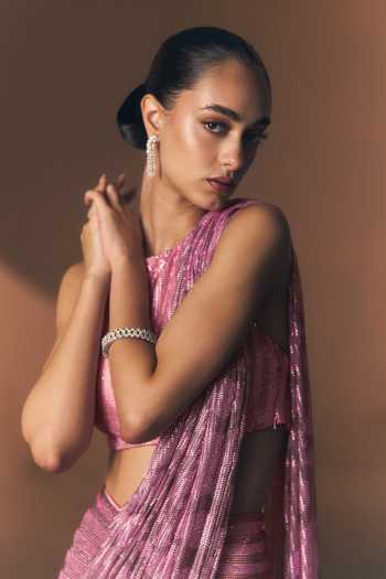 Buy_ANGAD SINGH_Pink Net Halter Neck Coral Soft Saree And Blouse _Online_at_Aza_Fashions