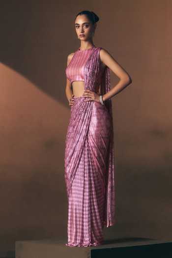 Shop_ANGAD SINGH_Pink Net Halter Neck Coral Soft Saree And Blouse _Online_at_Aza_Fashions