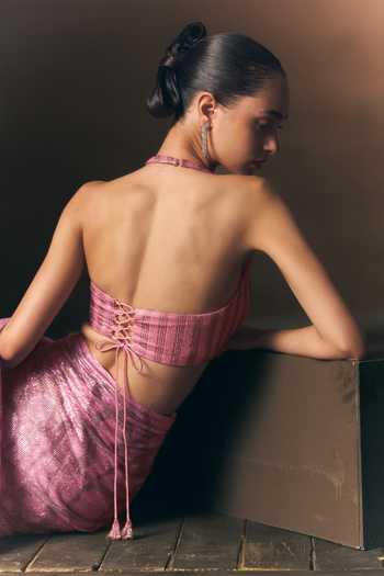 ANGAD SINGH_Pink Net Halter Neck Coral Soft Saree And Blouse _at_Aza_Fashions
