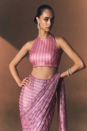 Shop_ANGAD SINGH_Pink Net Halter Neck Coral Soft Saree And Blouse 
