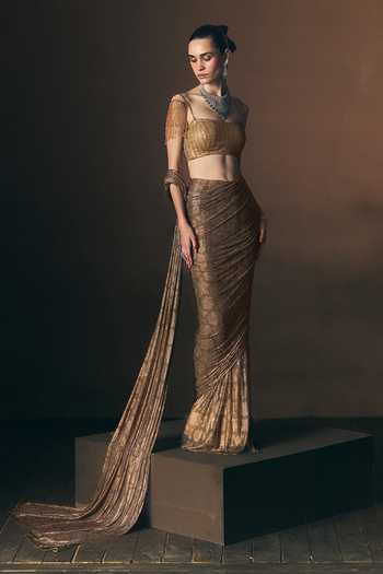 ANGAD SINGH_Gold Net Square Neck Champagne Soft Saree And Blouse Set _Online_at_Aza_Fashions