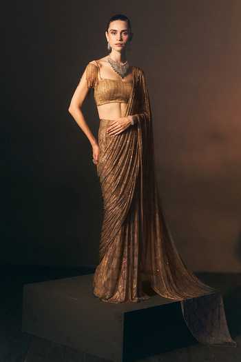 ANGAD SINGH Champagne Soft Net Saree & Blouse Set