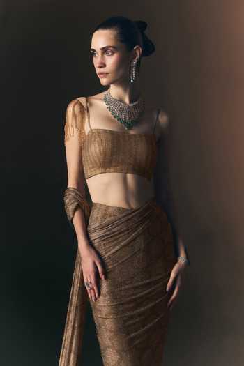 Buy_ANGAD SINGH_Gold Net Square Neck Champagne Soft Saree And Blouse Set _Online_at_Aza_Fashions