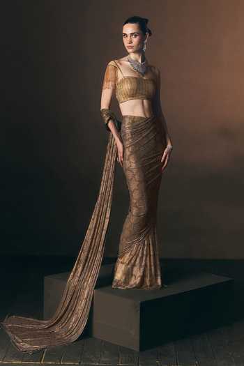 Shop_ANGAD SINGH_Gold Net Square Neck Champagne Soft Saree And Blouse Set _Online_at_Aza_Fashions