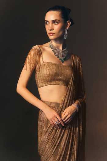 ANGAD SINGH_Gold Net Square Neck Champagne Soft Saree And Blouse Set _at_Aza_Fashions