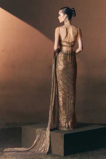 ANGAD SINGH Champagne Soft Net Saree & Blouse Set
