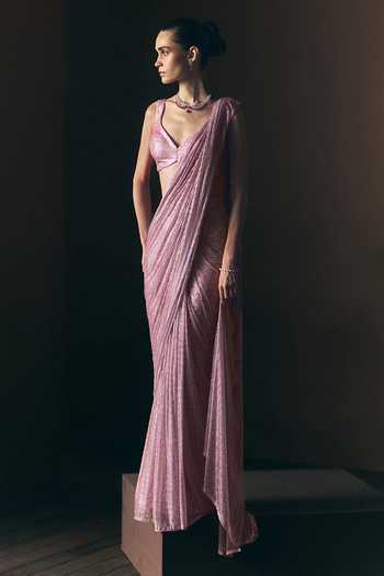 Buy_ANGAD SINGH_Pink Net Sweetheart Neck Rose Soft Pre-draped Saree And Blouse Set _Online_at_Aza_Fashions