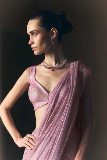 Shop_ANGAD SINGH_Pink Net Sweetheart Neck Rose Soft Pre-draped Saree And Blouse Set _Online_at_Aza_Fashions