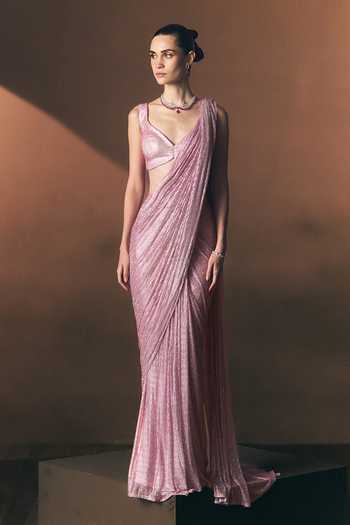 ANGAD SINGH Rose Soft Net Pre-Draped Saree & Blouse Set