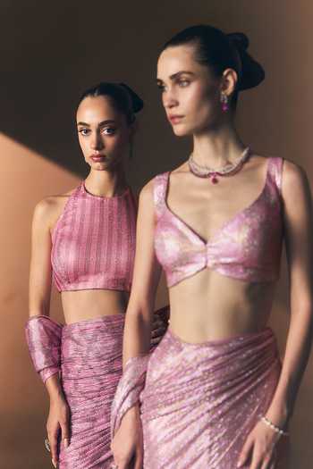 ANGAD SINGH_Pink Net Sweetheart Neck Rose Soft Pre-draped Saree And Blouse Set _at_Aza_Fashions