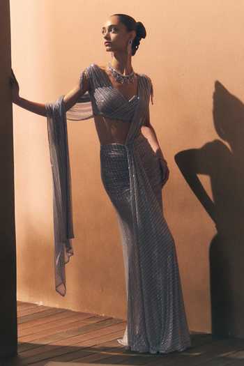 Angad Singh_Silver Net V-neck Pewter Soft Saree And Blouse Set _Online_at_Aza_Fashions