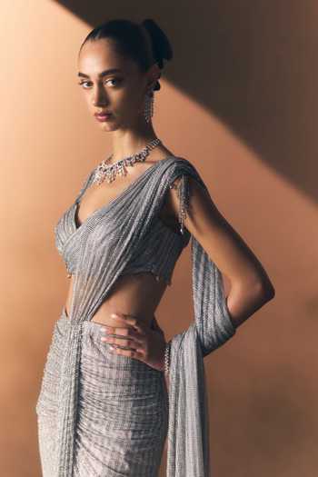 Buy_Angad Singh_Silver Net V-neck Pewter Soft Saree And Blouse Set _Online_at_Aza_Fashions