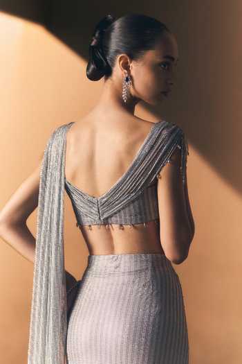Shop_Angad Singh_Silver Net V-neck Pewter Soft Saree And Blouse Set _Online_at_Aza_Fashions