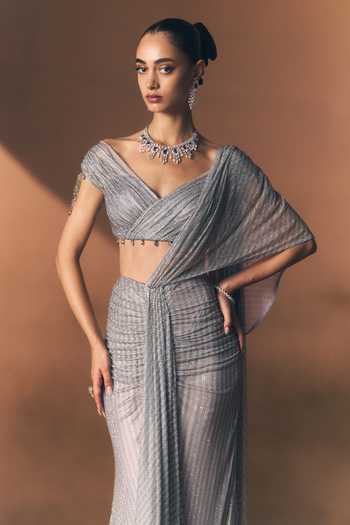 Angad Singh_Silver Net V-neck Pewter Soft Saree And Blouse Set _at_Aza_Fashions