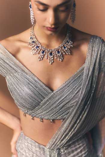 Buy_Angad Singh_Silver Net V-neck Pewter Soft Saree And Blouse Set 