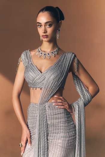 Shop_Angad Singh_Silver Net V-neck Pewter Soft Saree And Blouse Set 