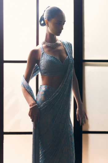 Buy_ANGAD SINGH_Turquoise Net Sweetheart Neck Lagoon Soft Saree And Blouse _Online_at_Aza_Fashions