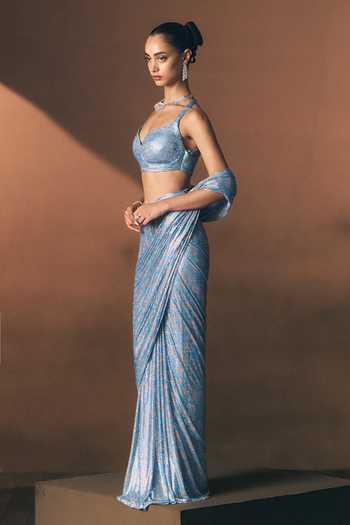 Shop_ANGAD SINGH_Turquoise Net Sweetheart Neck Lagoon Soft Saree And Blouse _Online_at_Aza_Fashions