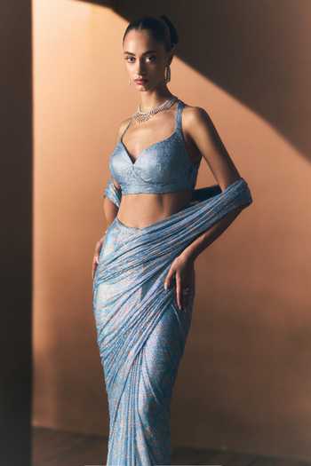 ANGAD SINGH_Turquoise Net Sweetheart Neck Lagoon Soft Saree And Blouse _at_Aza_Fashions