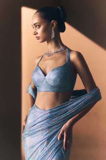 Buy_ANGAD SINGH_Turquoise Net Sweetheart Neck Lagoon Soft Saree And Blouse 