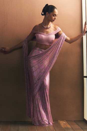 ANGAD SINGH_Pink Net Sweetheart Neck Marigold Soft Saree And Blouse Set _Online_at_Aza_Fashions
