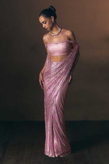 Buy_ANGAD SINGH_Pink Net Sweetheart Neck Marigold Soft Saree And Blouse Set _Online_at_Aza_Fashions