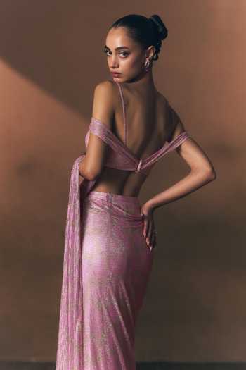 Shop_ANGAD SINGH_Pink Net Sweetheart Neck Marigold Soft Saree And Blouse Set _Online_at_Aza_Fashions