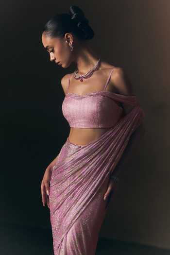ANGAD SINGH_Pink Net Sweetheart Neck Marigold Soft Saree And Blouse Set _at_Aza_Fashions
