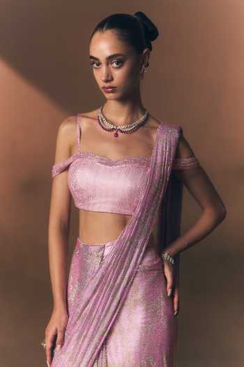 Buy_ANGAD SINGH_Pink Net Sweetheart Neck Marigold Soft Saree And Blouse Set 
