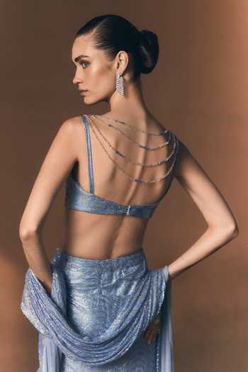 ANGAD SINGH_Blue Net V-neck Glacier Soft Saree And Blouse Set _Online_at_Aza_Fashions