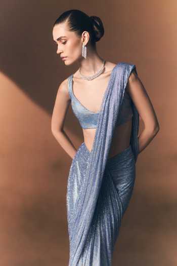 Buy_ANGAD SINGH_Blue Net V-neck Glacier Soft Saree And Blouse Set _Online_at_Aza_Fashions