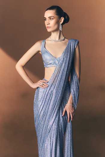 Shop_ANGAD SINGH_Blue Net V-neck Glacier Soft Saree And Blouse Set _Online_at_Aza_Fashions