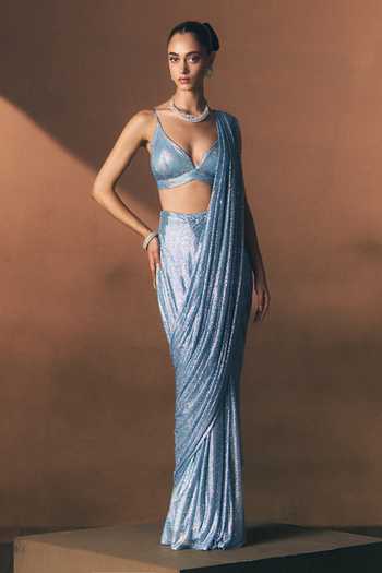 ANGAD SINGH Cobalt Soft Net Saree & Blouse Set