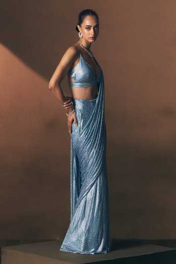 ANGAD SINGH_Cobalt Net V-neck Soft Saree And Blouse Set _Online_at_Aza_Fashions