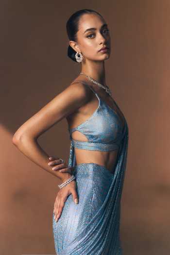 Buy_ANGAD SINGH_Cobalt Net V-neck Soft Saree And Blouse Set _Online_at_Aza_Fashions