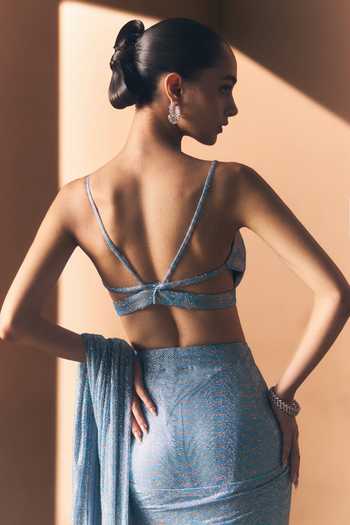 Shop_ANGAD SINGH_Cobalt Net V-neck Soft Saree And Blouse Set _Online_at_Aza_Fashions